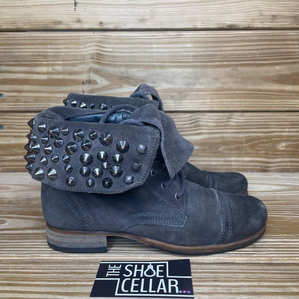 All Saints Womens 37 Military Studded Combat Lace Up Boots Gray Suede Shoes